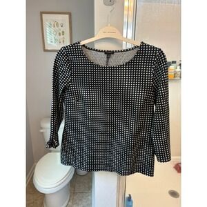 Talbots Womens Black White Geometric Knit Top 3/4 Sleeve Bow Cuff Size M